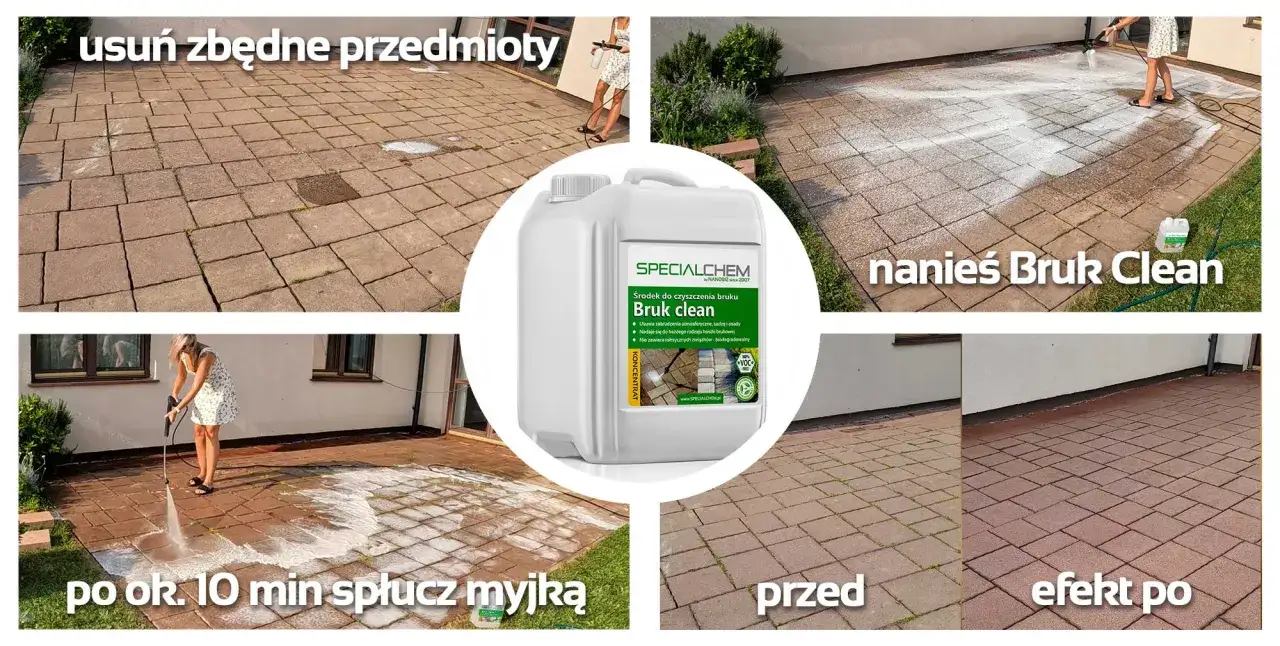 Czyszczenie kostki brukowej środkiem Bruk Clean. Efekt przed i po, pokazujący jak łatwo usunąć zabrudzenia.