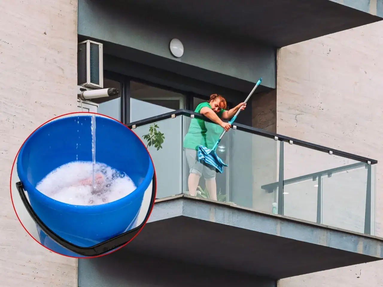 Kobieta myje balkon w bloku, używając mopa i wiadra z pianą.