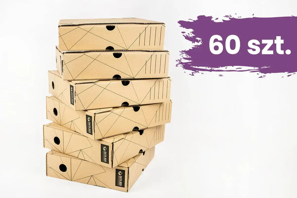Stos kartonowych pudełek do archiwizacji dokumentów. 60 sztuk.