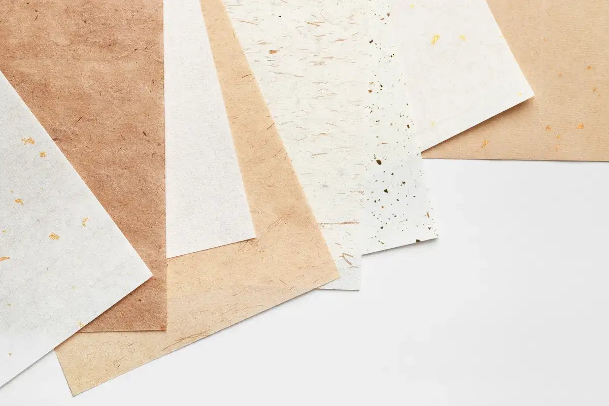 Różnorodne papiery, idealne do origami: od gładkich, przez te z widocznymi włóknami, po ozdobione złotymi płatkami.