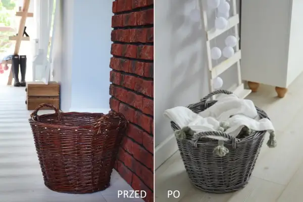 Przed i po: jak ozdobić koszyk wiklinowy. Ciemny kosz zyskał nowe życie po przemalowaniu na szaro i dodaniu ozdobnych pomponów.