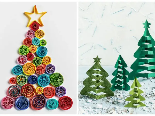 Kolorowe choinki DIY z papieru: jedna z kółek quillingowych, druga z wycinanek.