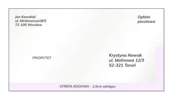 Przykład poprawnego sposobu, jak adresować koperty: dane nadawcy (Jan Kowalski) i odbiorcy (Krystyna Nowak) z ulicami i miastami.