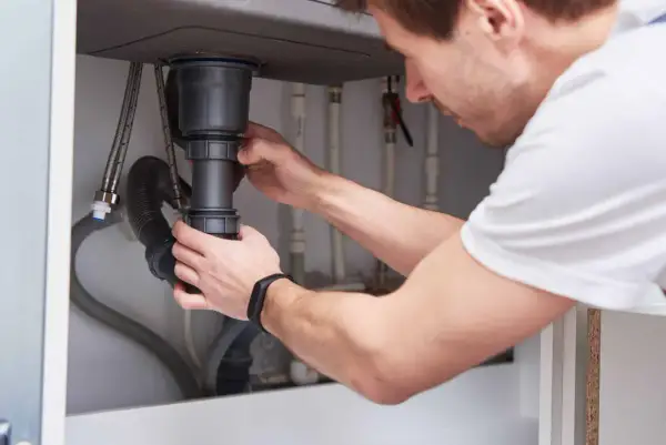 Mężczyzna montuje syfon pod zlewem. To kluczowy element instalacji hydraulicznej, który zapobiega wydostawaniu się nieprzyjemnych zapachów z kanalizacji.