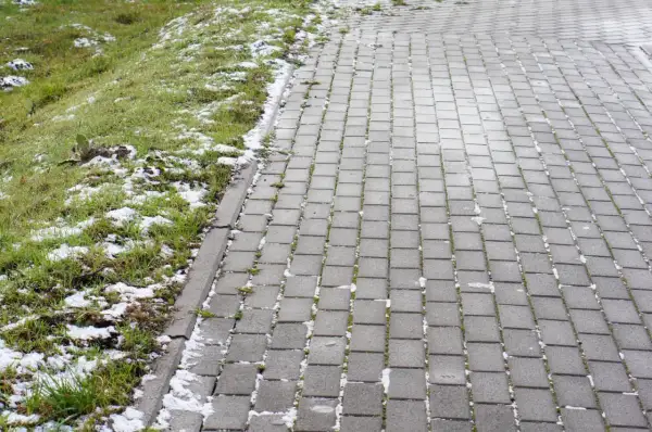 Śnieg na trawniku i kostce brukowej. Czekam na wiosnę i czyszczenie kostki brukowej sodą, by znów lśniła.