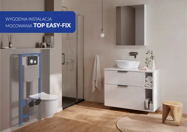 Montaż miski WC z ukrytym mocowaniem TOP EASY-FIX. Nowoczesna łazienka z prysznicem i umywalką.