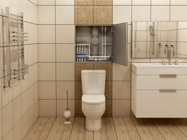 Estetyczna zabudowa rur w łazience, ukrywająca instalację wodną nad toaletą.