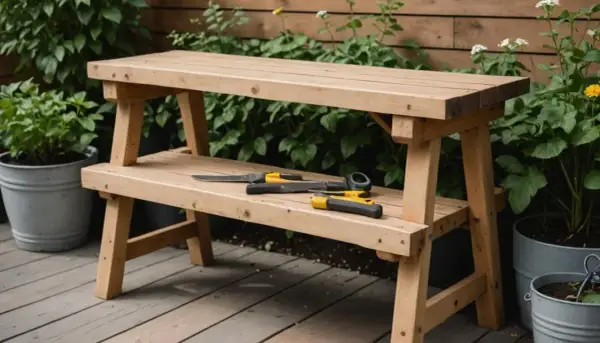 Drewniane meble ogrodowe DIY: dwupoziomowa ławka z narzędziami ogrodniczymi.