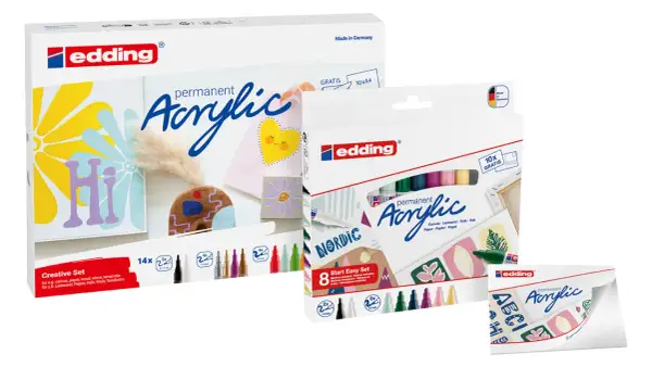 Zestawy markerów akrylowych Edding do kreatywnych projektów na płótnie, papierze, drewnie i kamieniu.