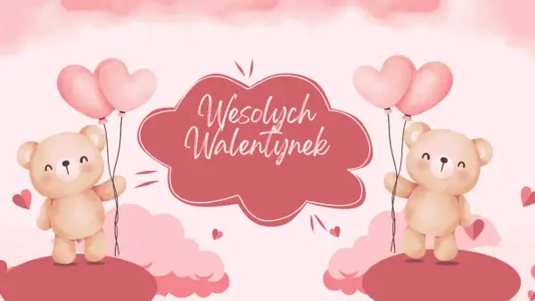 Dwa urocze misie trzymają balony w kształcie serc. Idealny obrazek, by pokazać jak podpisać walentynkę.