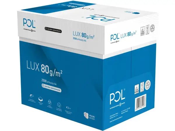 Ryza papieru POL LUX 80g/m² zawiera 2500 arkuszy A4. Idealna do drukarek i archiwizacji.