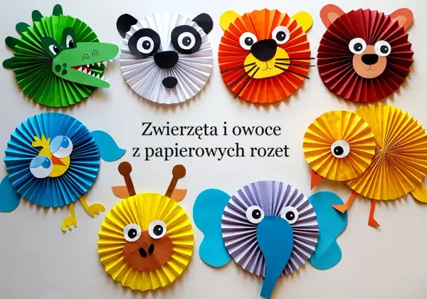 Kolorowe zwierzątka z papierowych rozet: krokodyl, panda, lew, miś, ptaszek, żyrafa, słoń. Zobacz, co można zrobić z papieru kolorowego!