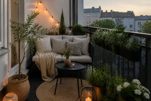 Przytulny balkon w bloku z sofą, stolikiem i mnóstwem zieleni. Światełka tworzą magiczny nastrój.