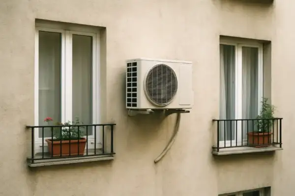 Klimatyzator zamontowany na ścianie, z oknami sąsiada po obu stronach. Odległość od okien sąsiada jest widoczna.